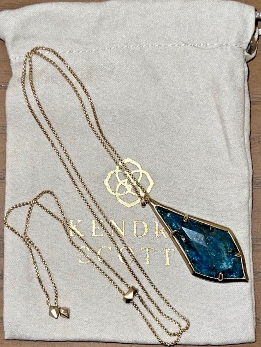 Kendra Scott Damon Adjustable Pendant Necklace Gold Tone Aqua Apatite NWOT